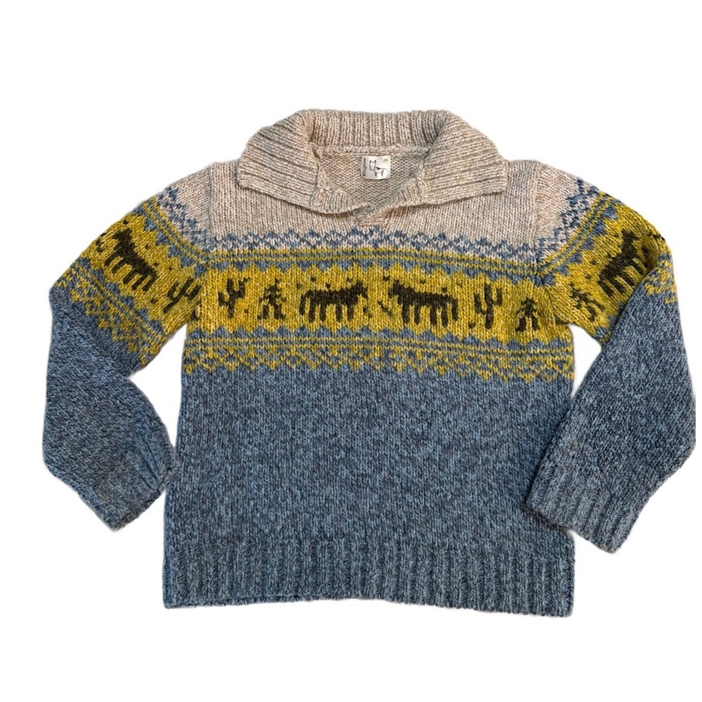 Kingkow Wool Mohair Sweater 10 Blue Yellow Southwest Horse Cactus Knit Pullover